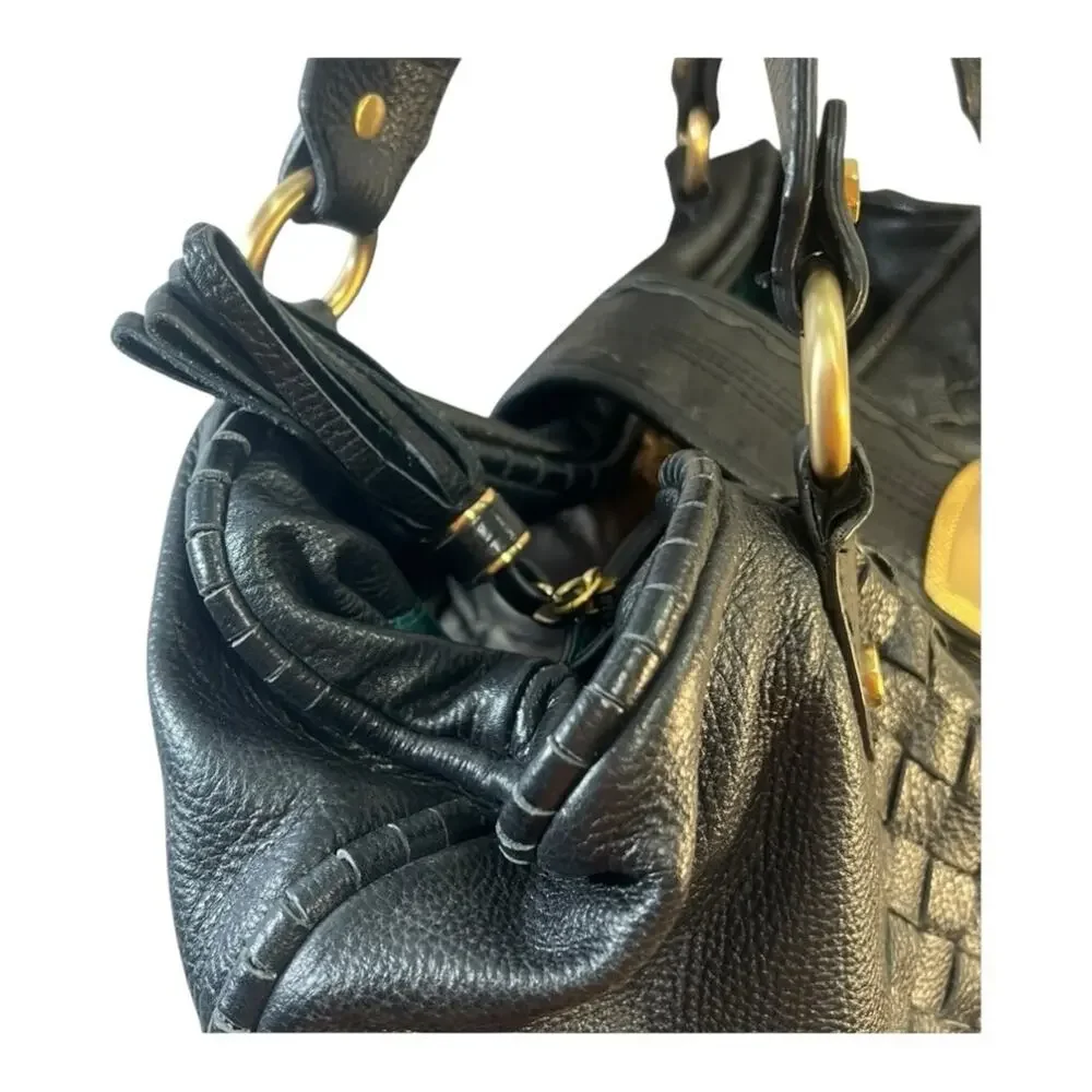 BILL BLASS Vintage Black Woven Leather Satchel or Shoulder Hobo Bag